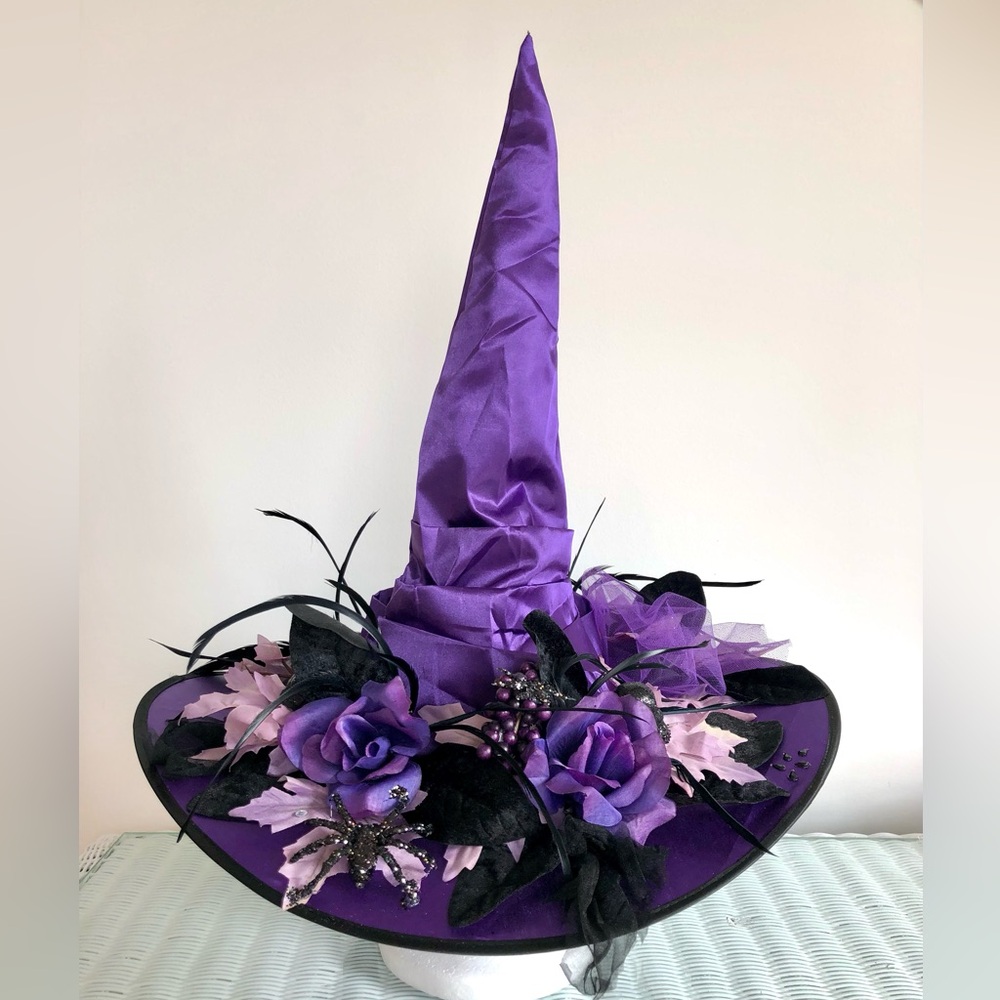 Witch hat purple black satin feathered Victorian witch hat Silk flowers, spiders
